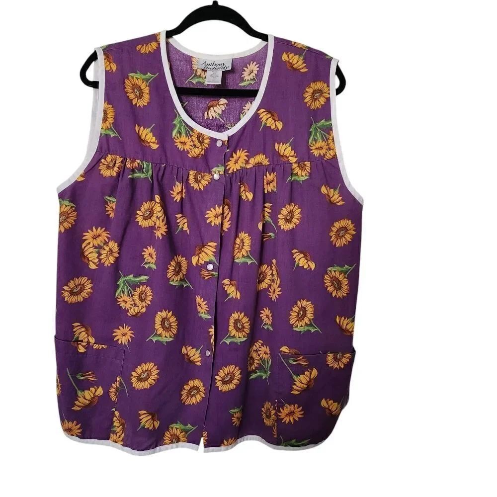 Anthony Richards Womens Floral Print Smock Snap Front Pockets Sleeveless Size XL